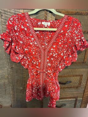 Red Floral Ruffle Blouse w/ Tie Waist size Small